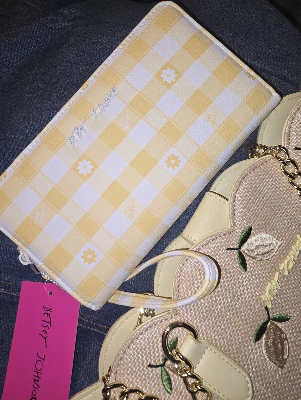 NWT Betsey Johnson Yellow Lemon Embroidered Tote with Matching Check Wallet